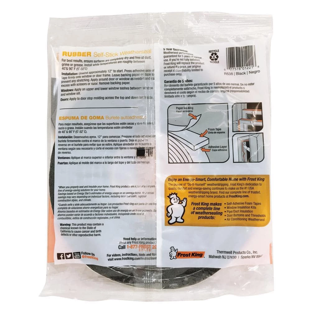 Frost King 3/8 in. x 5/16 in. x 10 ft. Black Rubber Foam Weatherseal Tape - Image 4