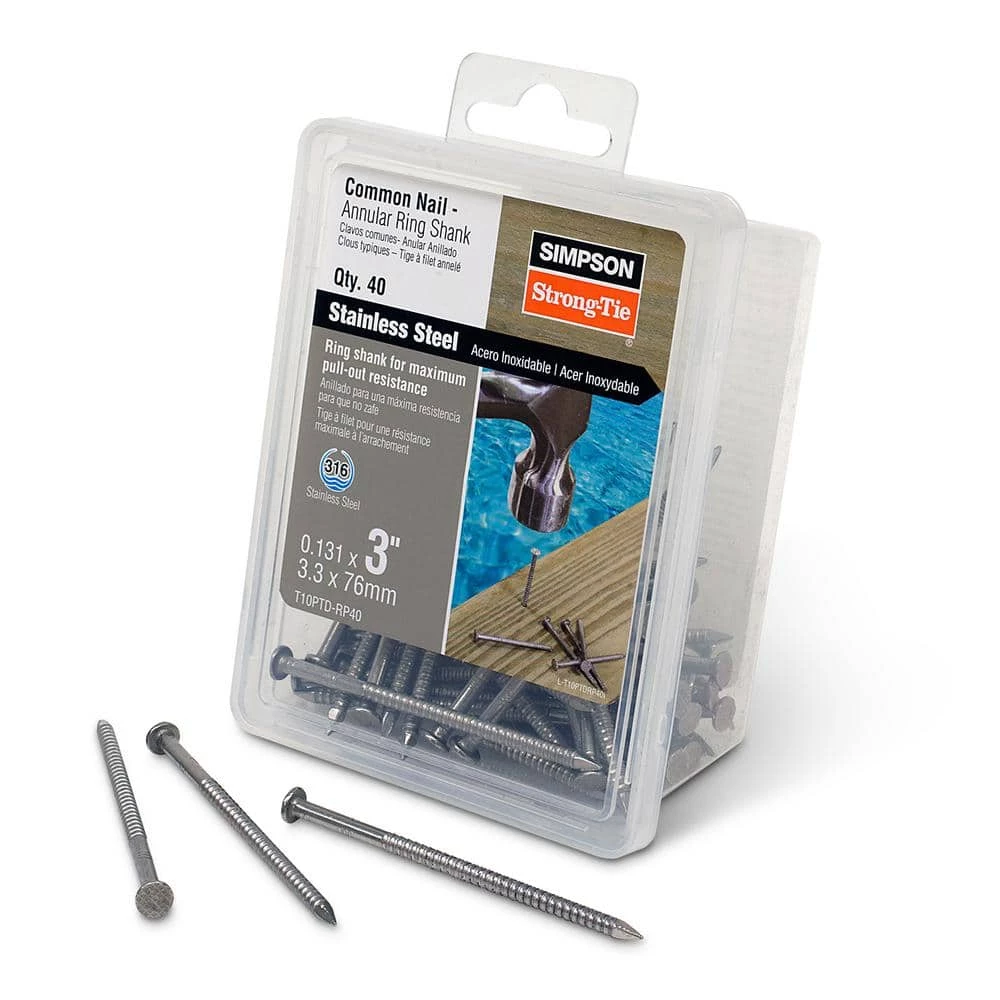 Simpson Strong-Tie 10d x 3 in. Annular-Ring Shank Type 316 Stainless Steel Preservative-Treated Wood Decking Nail (40-Pack)