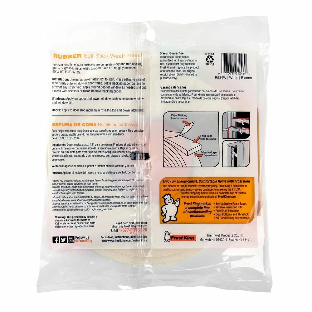 Frost King 3/4 in. x 5/16 in. x 10 ft. White High-Density Rubber Foam Weatherstrip Tape - Image 3